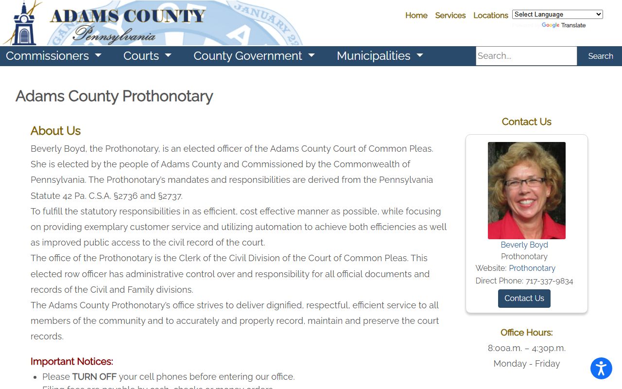Adams County Prothonotary office managing civil court records and related filings