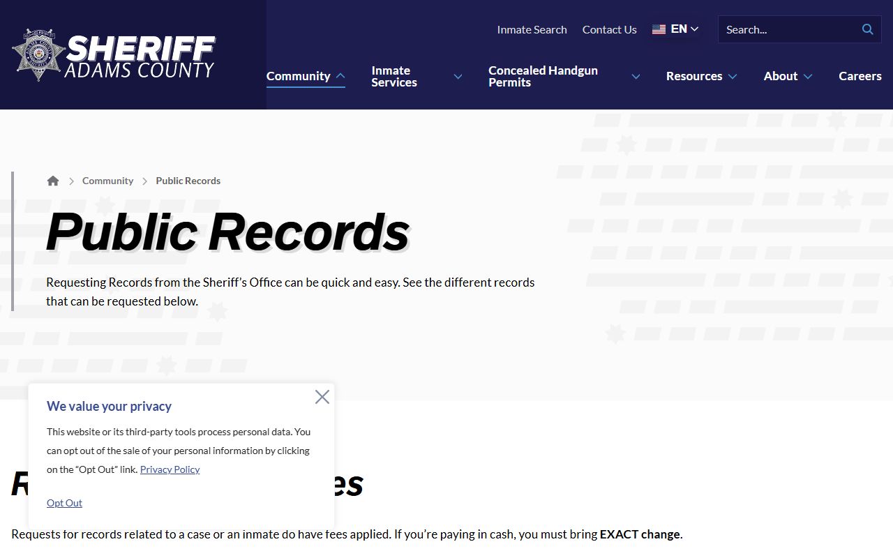 Adams County Sheriff fee schedule and public records request procedures