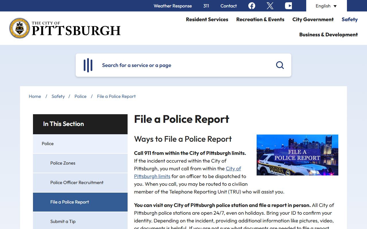 Pittsburgh Bureau of Police records unit handling incident reports and arrest records for Allegheny County
