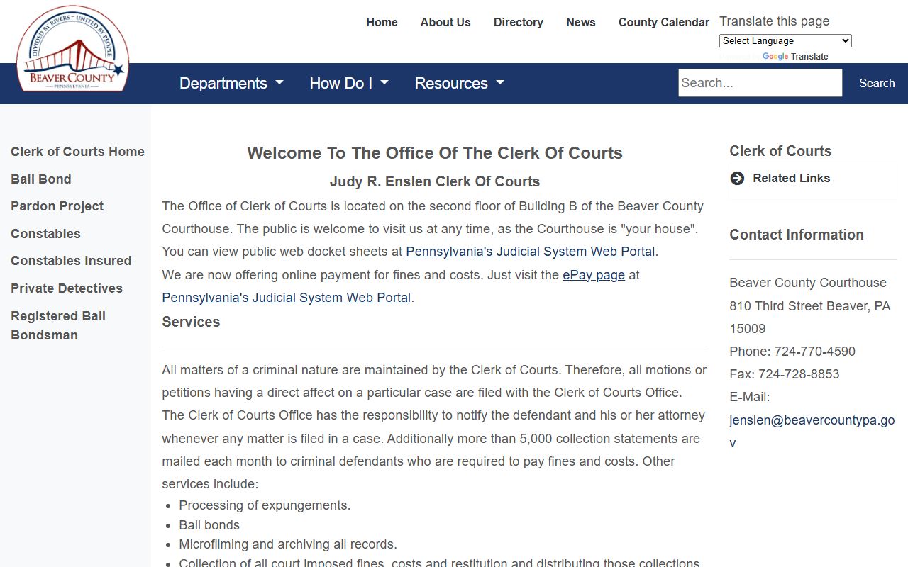 Beaver County Clerk of Courts office maintaining adult criminal records and case filings