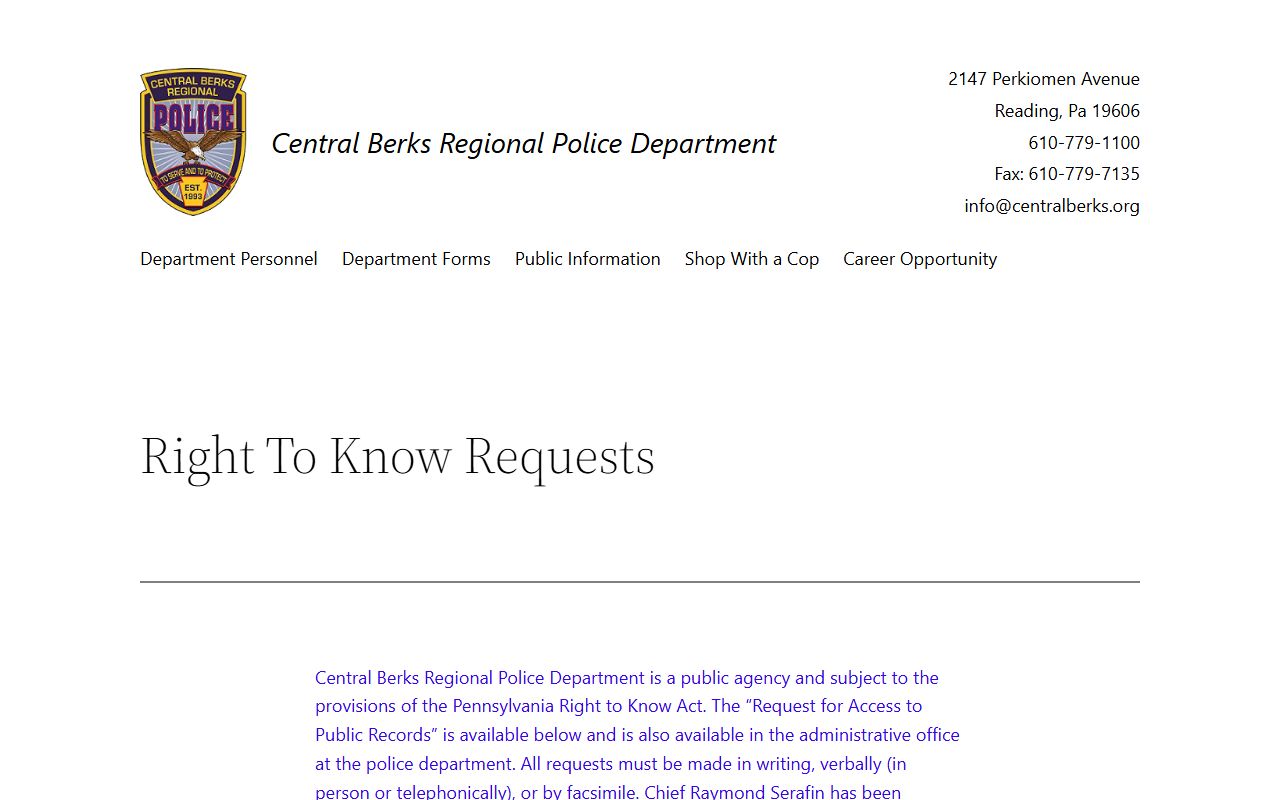 Berks County Sheriff's Office building and public records access for arrest records and incident reports