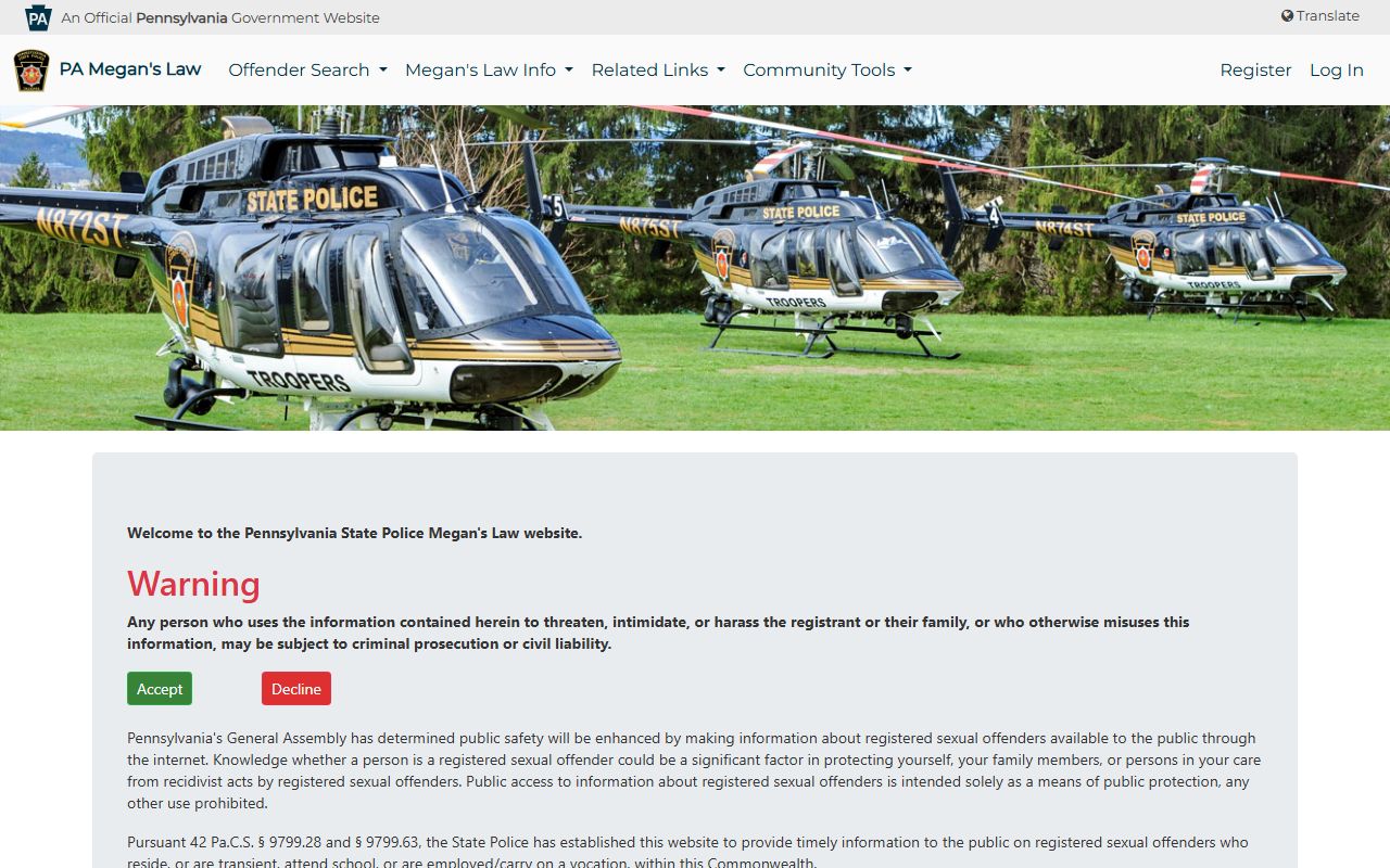 Pennsylvania Megan's Law sex offender registry search showing Blair County registered offenders