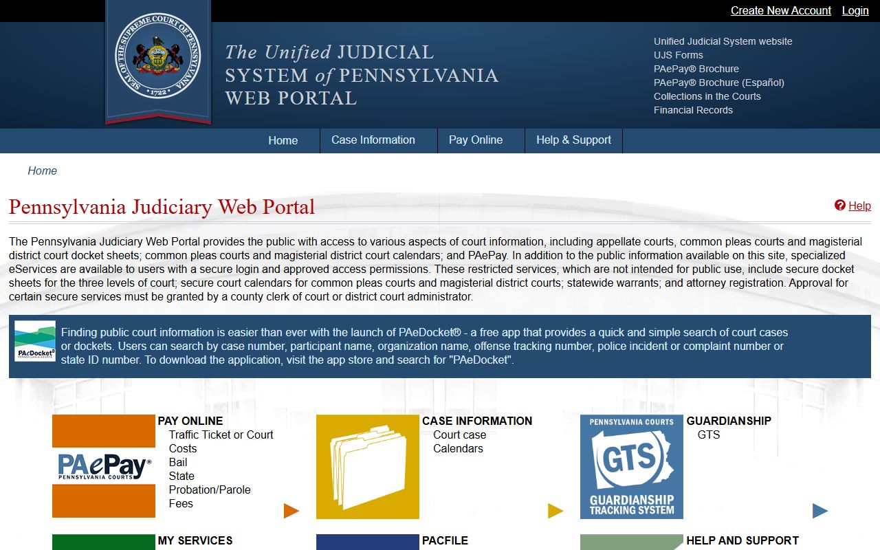 Pennsylvania UJS Portal for searching Cameron County court records