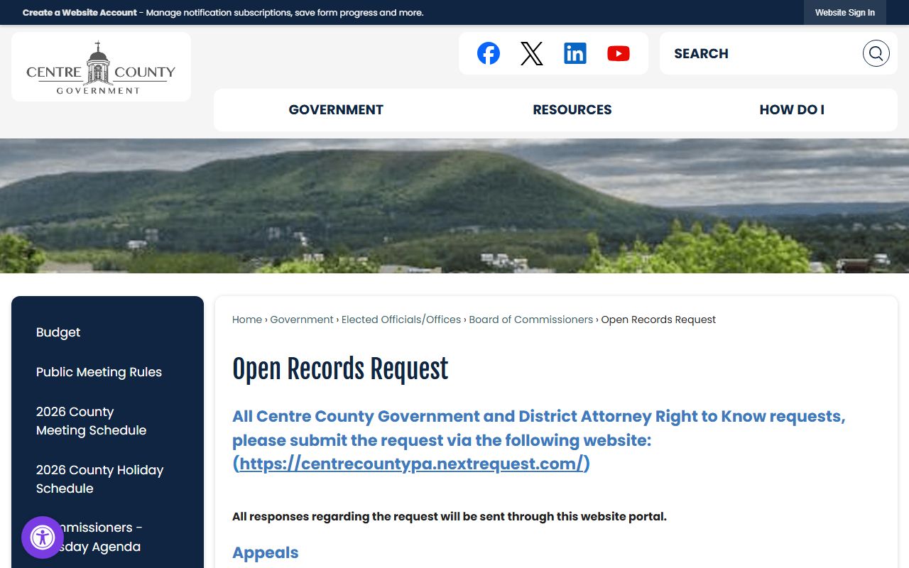 Centre County open records request portal for public documents