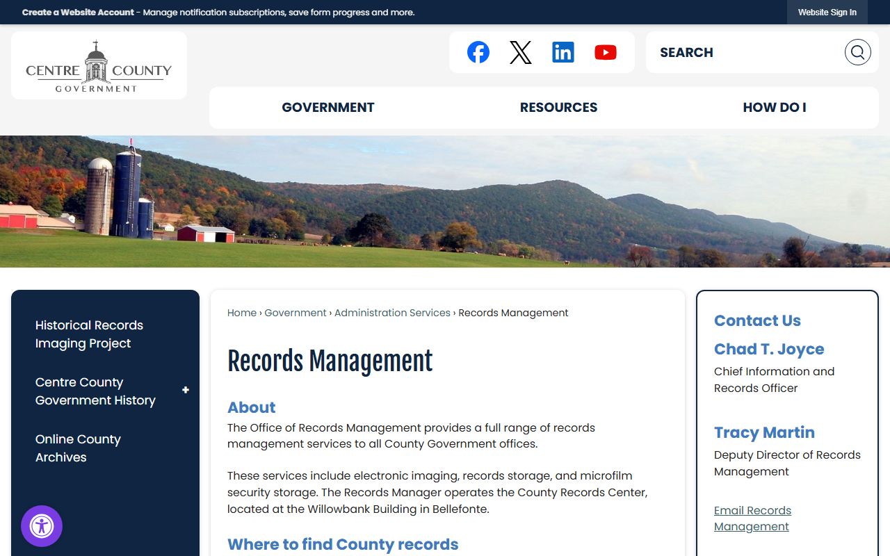 Centre County Records Management page showing records organization and retention policies