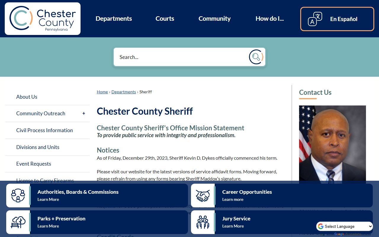 Chester County Sheriff Kevin D. Dykes department page for services and records