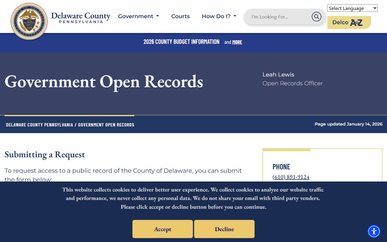 Delaware County Open Records office in Media Pennsylvania processing Right-to-Know requests under Pennsylvania RTKL