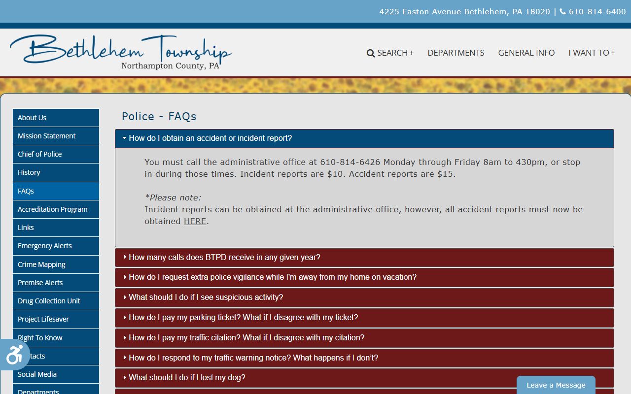 Example records request FAQ page from a southeastern Pennsylvania police department showing how to access public records