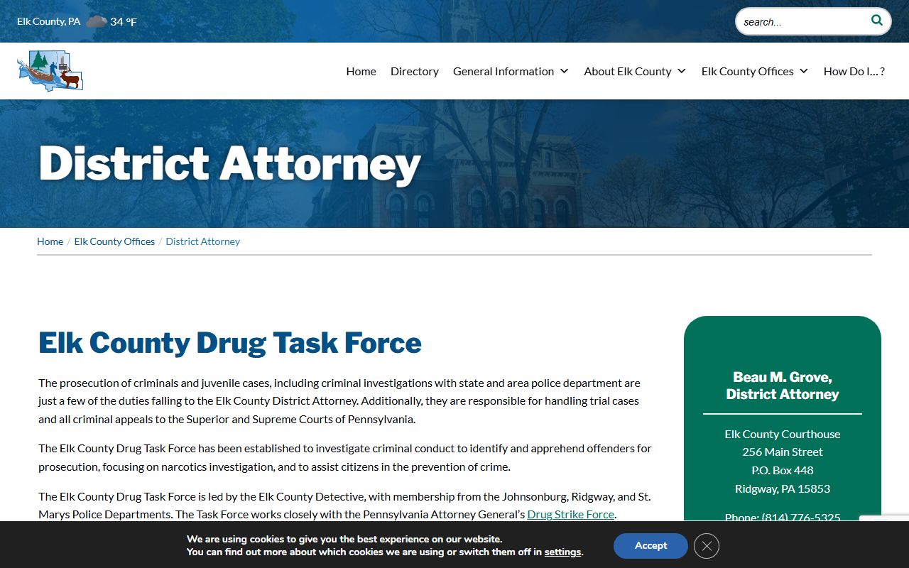 Elk County District Attorney office in Ridgway Pennsylvania managing criminal prosecutions and drug task force operations