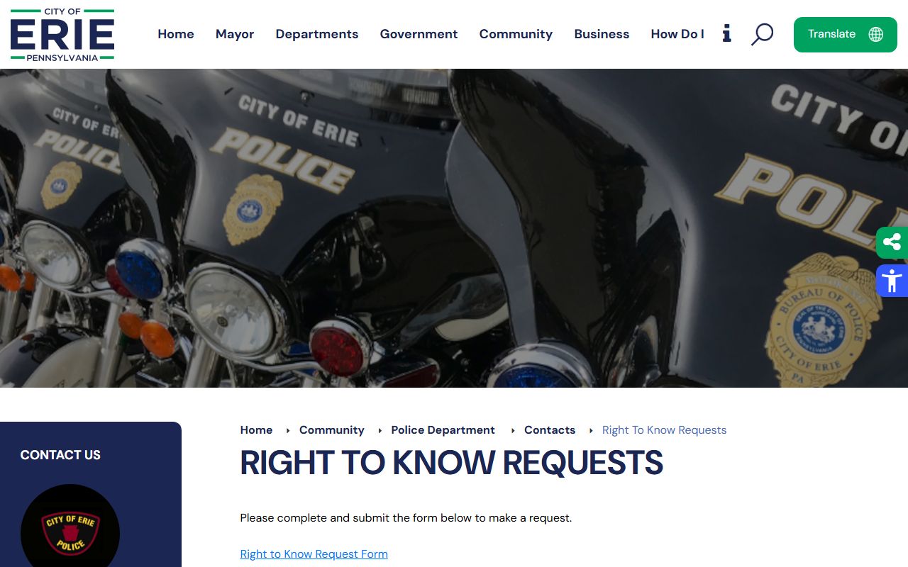 Erie City Bureau of Police Right-to-Know requests page showing how to submit public records requests to the city police department