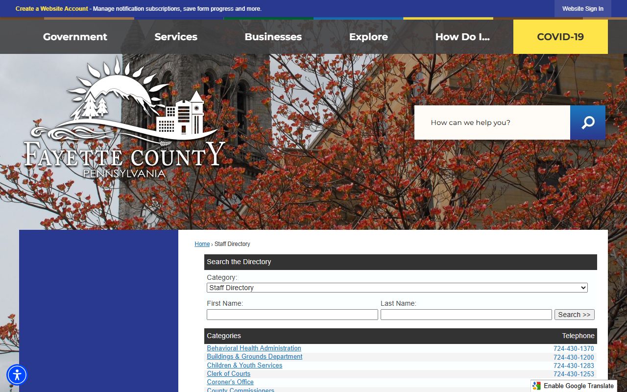 Fayette County staff directory listing Sheriff, Clerk of Courts, District Attorney, and Open Records contacts for police records requests