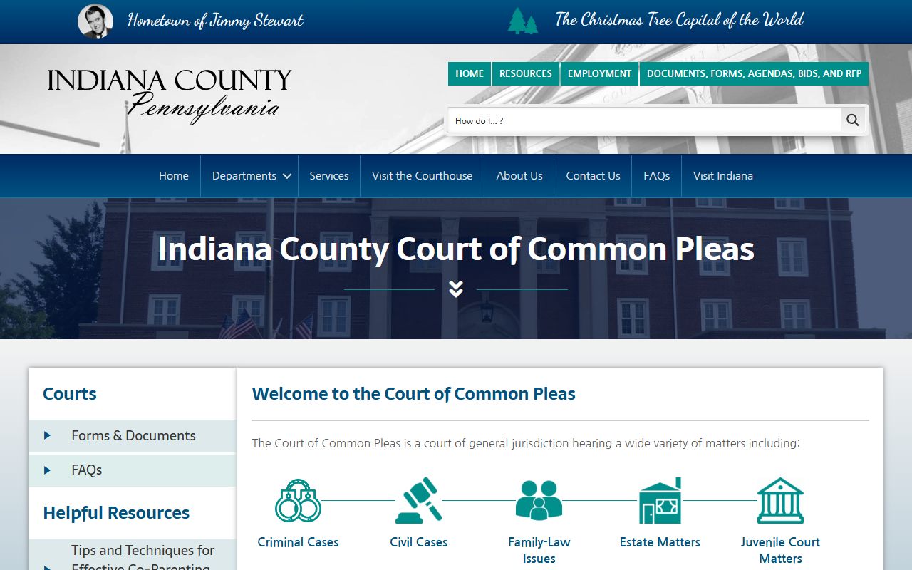 Indiana County Court of Common Pleas page showing access to court and police records