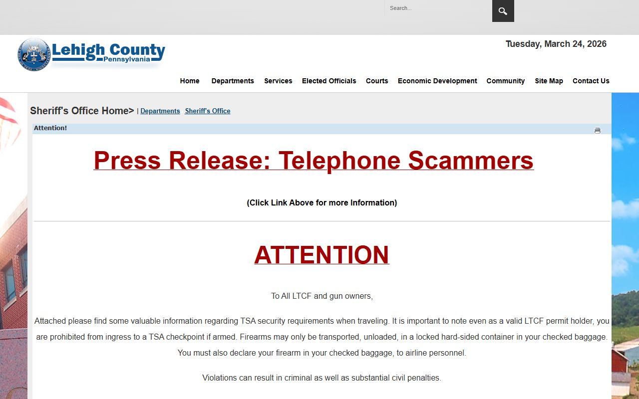 Lehigh County Sheriff's Office for police records and warrants