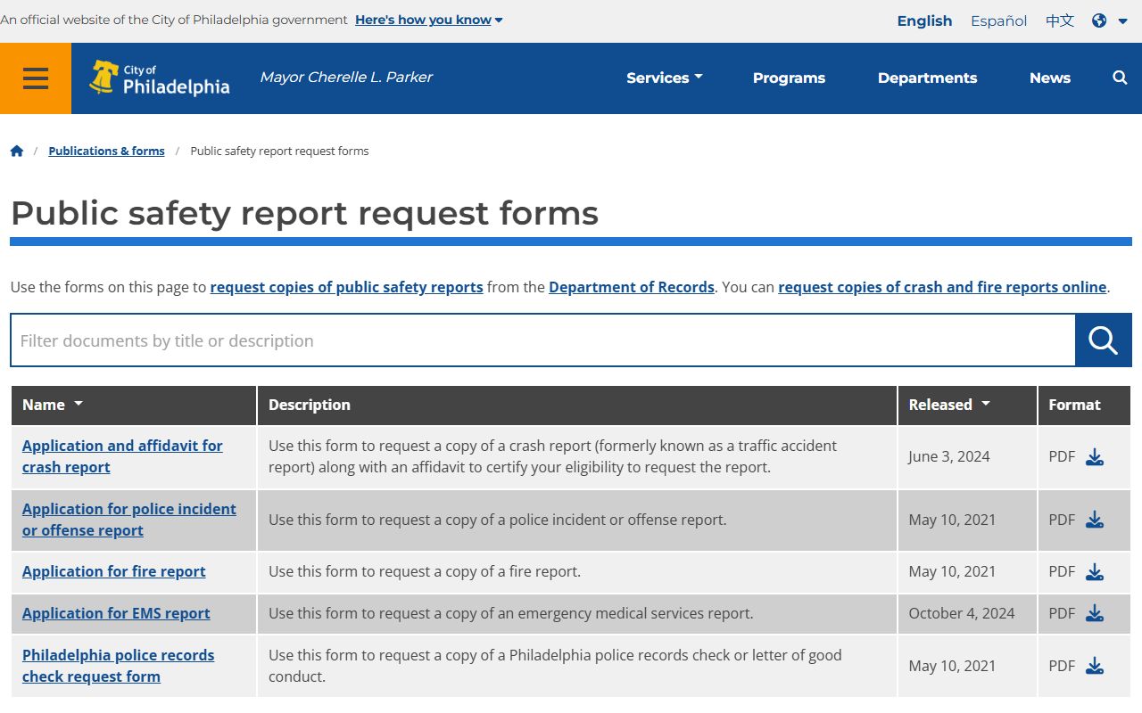 Philadelphia County public safety report request portal for police records