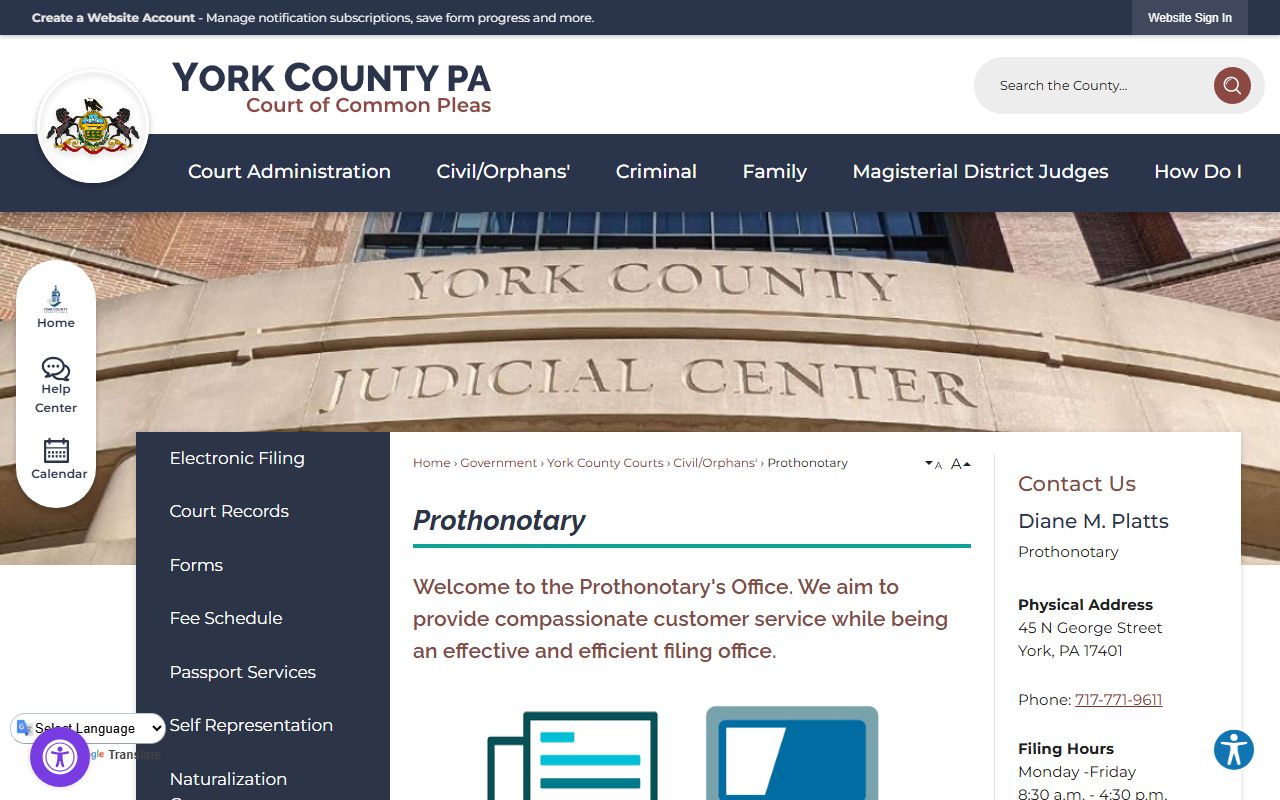 York County Prothonotary office for civil court records
