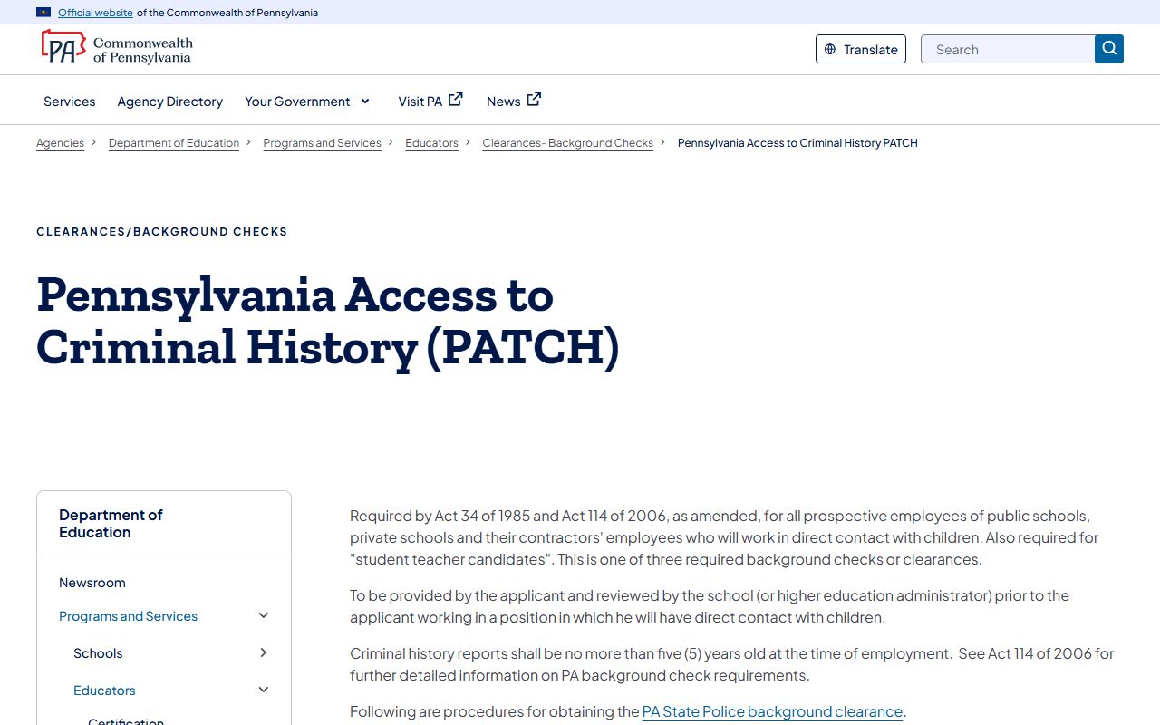 Pennsylvania Department of Education PATCH clearance information