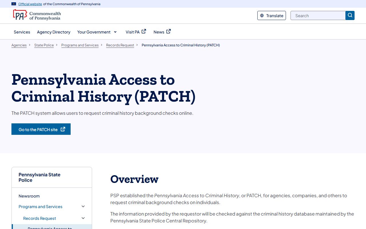 Pennsylvania PATCH criminal history background check system