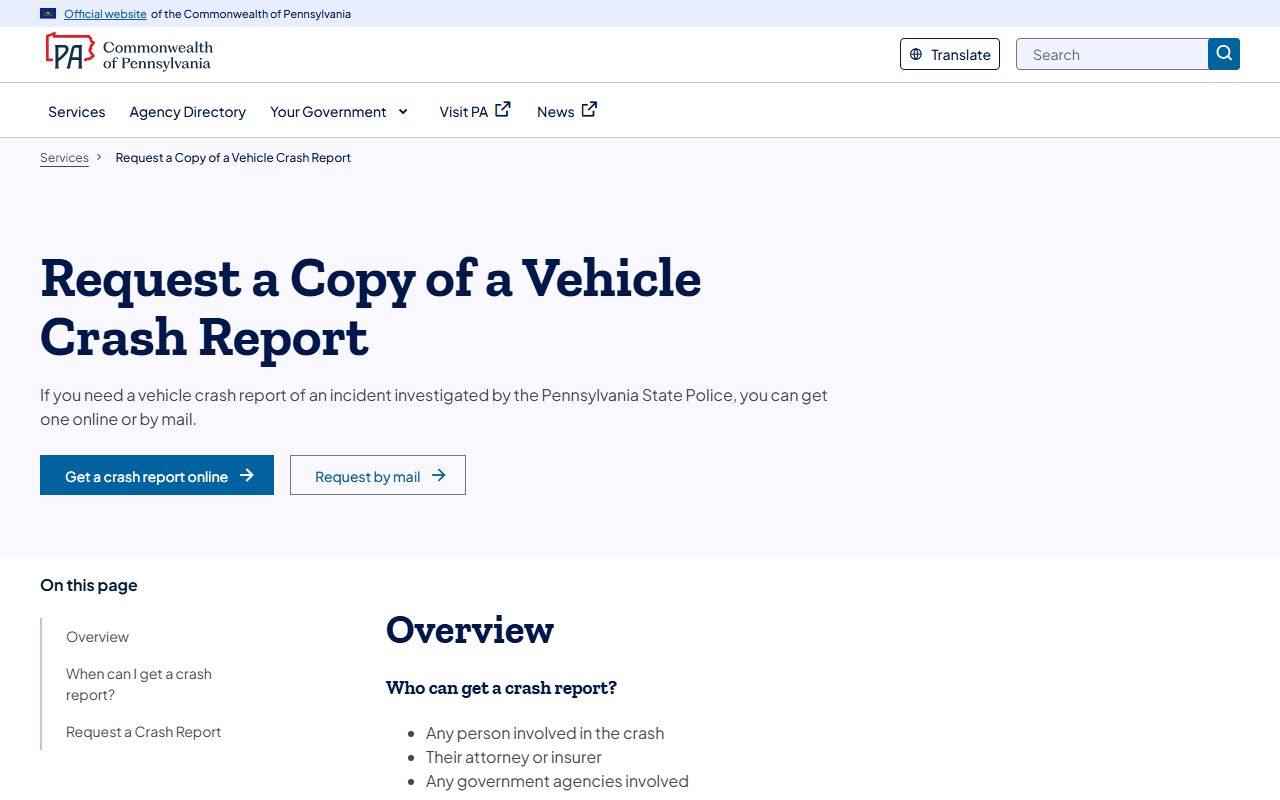 Pennsylvania State Police crash report request page