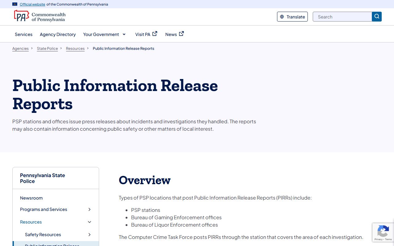 Pennsylvania State Police Public Information Release Reports