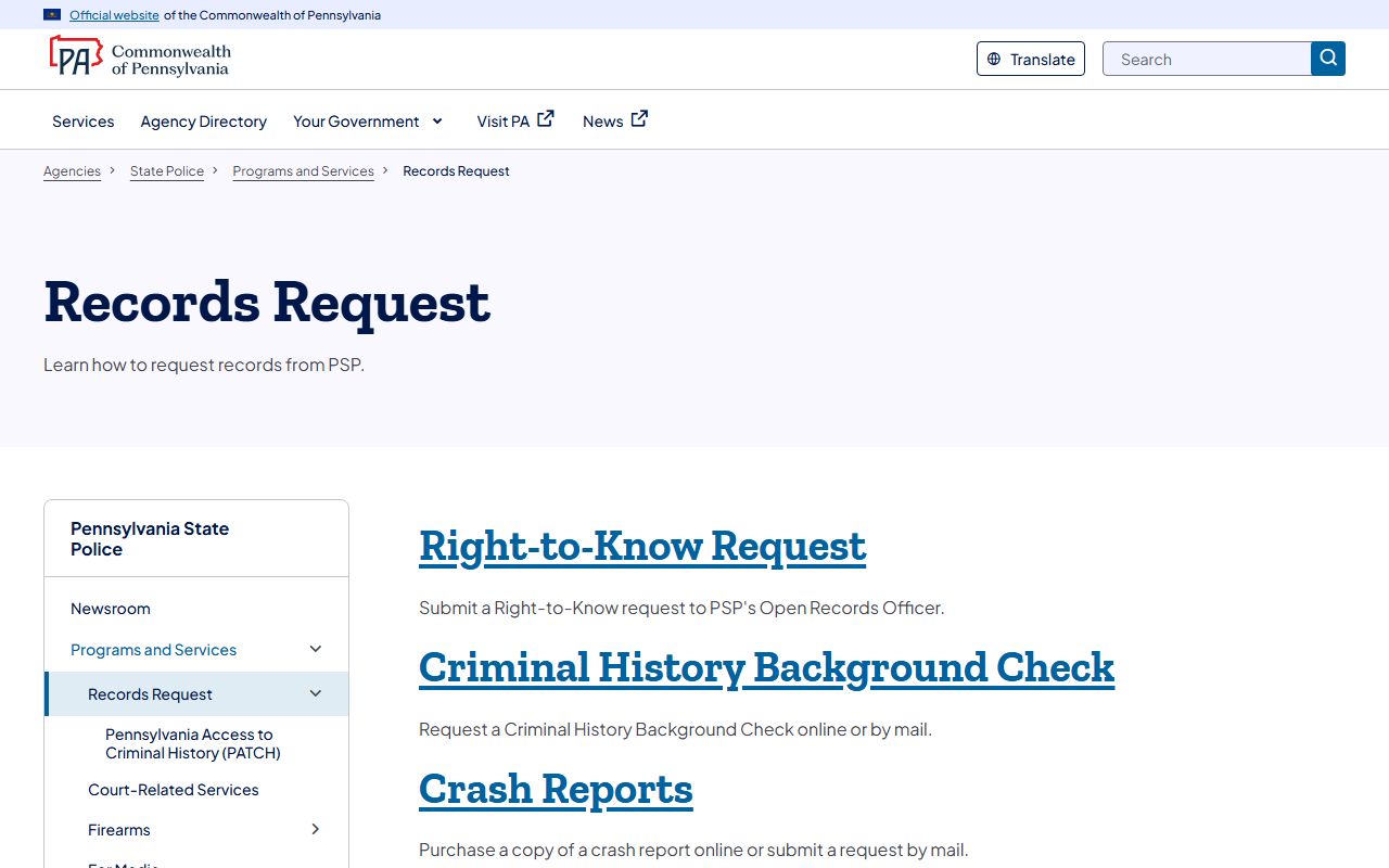 Pennsylvania State Police records request portal