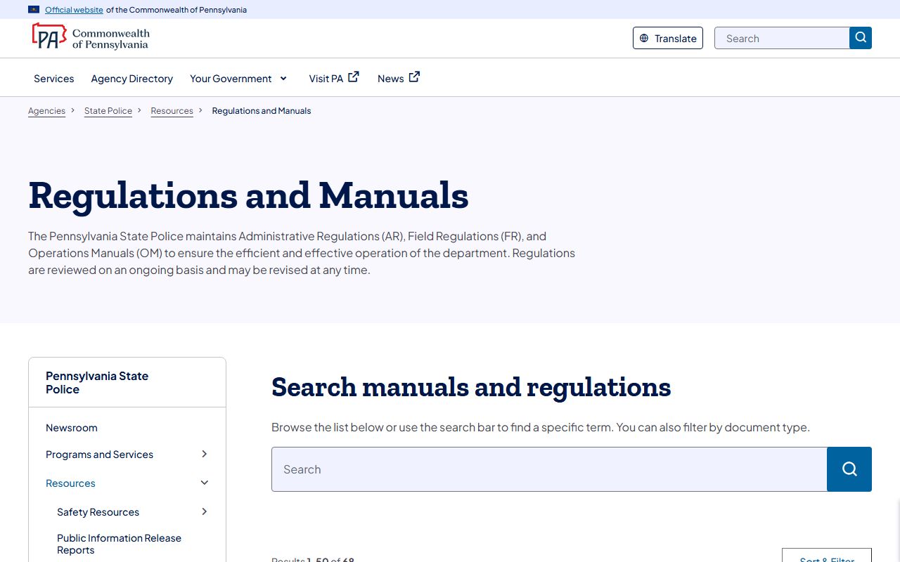 Pennsylvania State Police regulations and manuals for records access