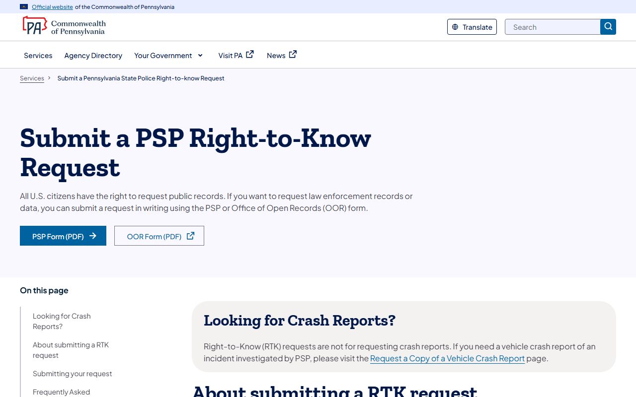 Pennsylvania State Police Right-to-Know request portal for police records